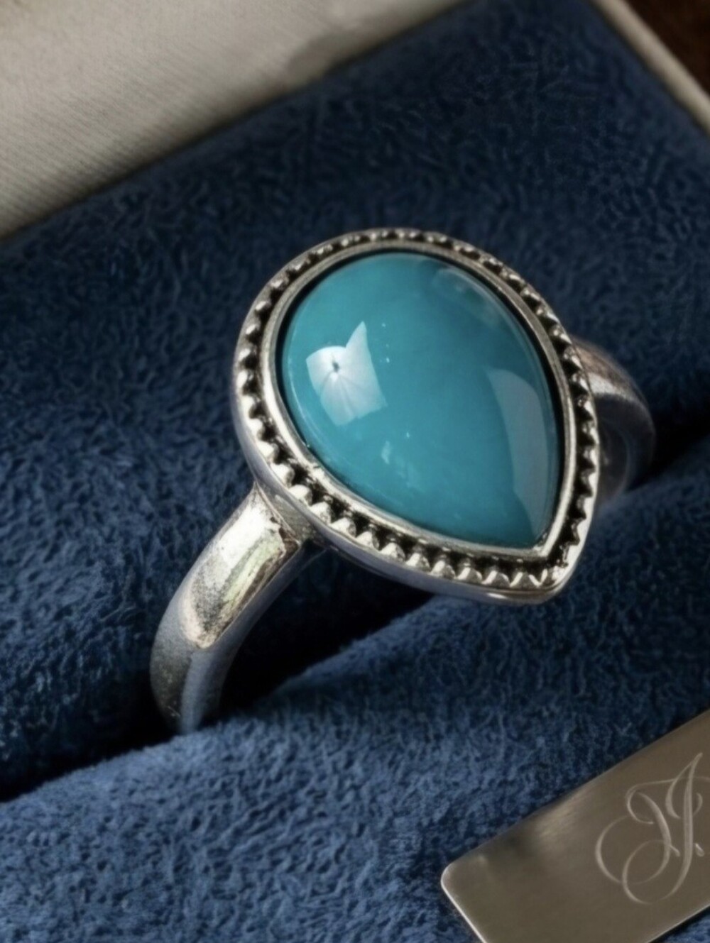 Turquoise pear Shaped New size 6 braided bezel quality titanium silver ring